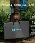 Person carrying 120W Foldable Solar Panel With Adjustable Kickstand And Integrated Carry Handles For Road Trips Camping RV And Fishing 22 Percent PERC Monocrystalline Cells With ETFE Cover And IP67 Weatherproof Build in outdoor setting