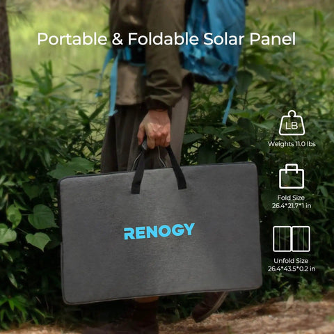 Person carrying 120W Foldable Solar Panel With Adjustable Kickstand And Integrated Carry Handles For Road Trips Camping RV And Fishing 22 Percent PERC Monocrystalline Cells With ETFE Cover And IP67 Weatherproof Build in outdoor setting