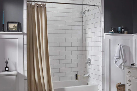 Bathroom with Elmhurst Shower Trim Kit with Tub Spout Chrome Finish Upgrade for Tub and Shower, white tiles and beige curtain