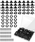 Top-down view of black marine-grade twist-lock fasteners with rings, eyelets and screws in a clear plastic case
