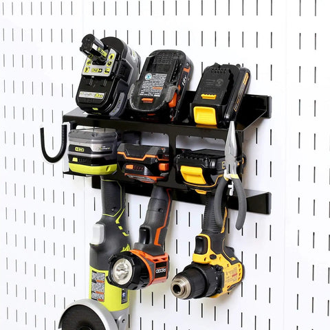 Pegboard Drill Holder For Pegboard System Compact Black Power Tool Storage Rack That Holds Up To 3 Drills Or Tools And 3 Spare Batteries