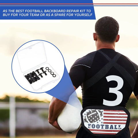 Football Backplate Screws 4 Pack Heavy Duty With Truss Head Chicago Screws Slotted Fasteners shown next to rugby player