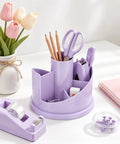 Purple Desk Organizer Set All in One Office Supplies Kit Boss Desk Must Have with Rotating Pen Holder and Stapler on desk