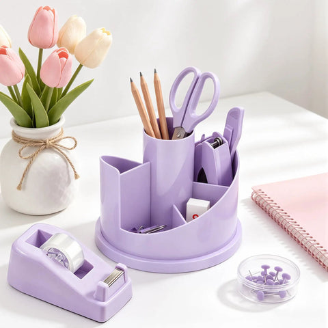 Purple Desk Organizer Set All in One Office Supplies Kit Boss Desk Must Have with Rotating Pen Holder and Stapler on desk