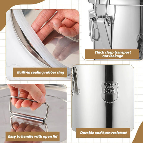 Stack It High With Heavy Duty 304 Stainless Steel Airtight Canisters 3 Pack Featuring Slam Lock Clamps with rubber sealing ring and handle.