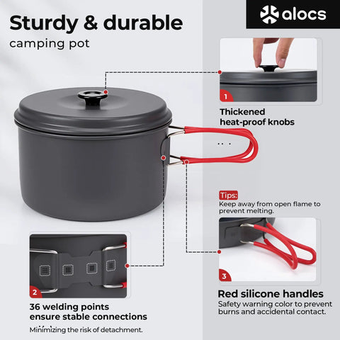 Durable Camping Cookware Set With Portable Pots And Pans, gray pot with red silicone handles and thickened heat-proof knobs.