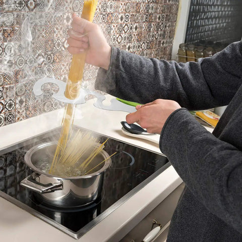 Stainless Steel Spaghetti Measure Tool With Four Serving Holes For One To Four Servings, The Go-To Must-Have Rustproof Pasta Portion Control Gadget For Kitchen And Meal Prep, measuring spaghetti over a pot