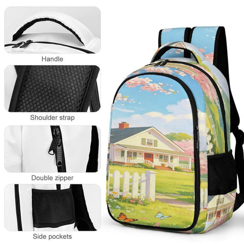 Pinkbreeze Homestead Printed Backpack For Everyday Use Unisex Large Capacity Daypack with handle, shoulder strap, zipper, pockets