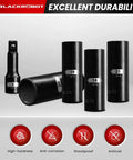 Beefy Eighteen Piece Half Inch Impact Deep Well Metric Socket Set With Three Inch Five Inch And Ten Inch Extension Bars From 10mm To 24mm Six Point Chrome Vanadium Steel ANSI Standard in black, showcasing durability features.