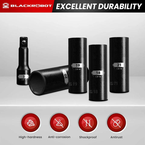 Beefy Eighteen Piece Half Inch Impact Deep Well Metric Socket Set With Three Inch Five Inch And Ten Inch Extension Bars From 10mm To 24mm Six Point Chrome Vanadium Steel ANSI Standard in black, showcasing durability features.
