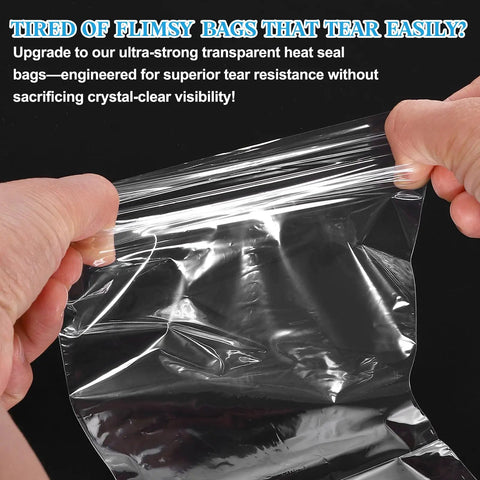 Hands stretching 100 Pcs POF Heat Shrink Wrap Bags 6x2 Inch Clear Heat Seal Pouches for durability and clarity demonstration.