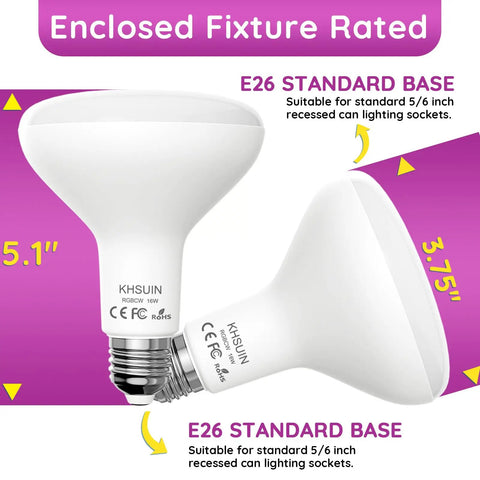 Smart BR30 Flood Light Bulb 13W 100W Equivalent, 1300 Lumens, Tunable 2700K To 6500K, side and front view with E26 base dimensions