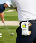 Leather Golf Ball Pouch with Belt Clip and Tee Holder attached to golfer's waist, hand-stitched, wear resistant, easy to clean.