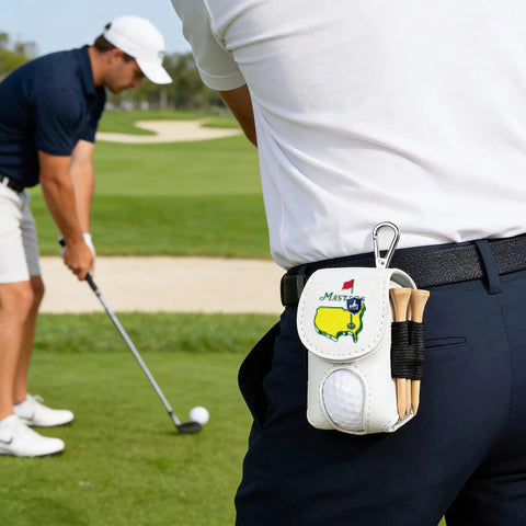 Leather Golf Ball Pouch with Belt Clip and Tee Holder attached to golfer's waist, hand-stitched, wear resistant, easy to clean.