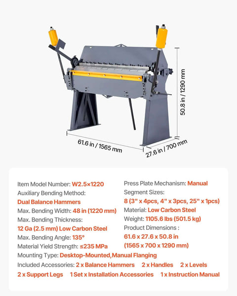 48 Inch Heavy Duty Box And Pan Brake For Metalworking, 12 Gauge Mild Steel Capacity, 0 To 135 Degree Adjustable Bending, front view