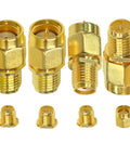 4 Pack SMA To RP SMA Coax Connector Adapter Kit Low Loss Gold Plated Brass Cables For Radio Antenna Audio Video Ham Radio Setup And Diy Projects Ideal For Antenna Masts CB Radios And Various Applications, showing connectors arranged in two rows with different adapter types visible.