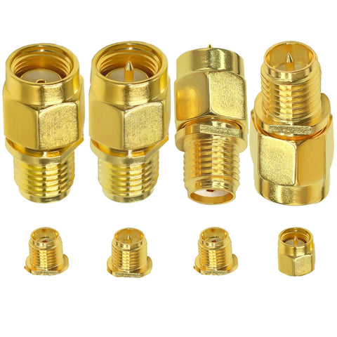 4 Pack SMA To RP SMA Coax Connector Adapter Kit Low Loss Gold Plated Brass Cables For Radio Antenna Audio Video Ham Radio Setup And Diy Projects Ideal For Antenna Masts CB Radios And Various Applications, showing connectors arranged in two rows with different adapter types visible.