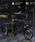 Beast Fat Tire Electric Tricycle For Adults With Three Wheel Ebike, 750W Hub Motor Peak 1350W, 52V 25Ah Removable Battery, 50 Mile Range, 7 Speed, 4 Piston Hydraulic Brakes, Cargo Rack, Black Build in black with cargo rack and dimensions