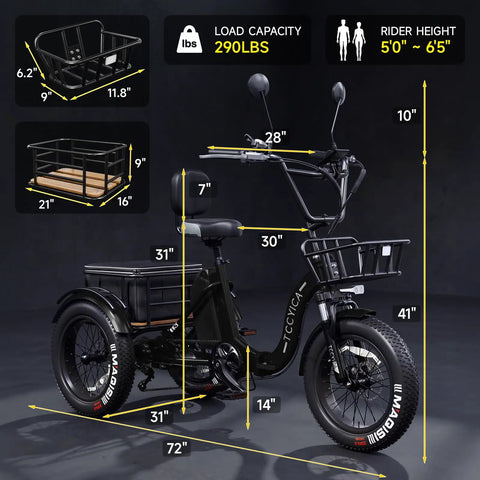 Beast Fat Tire Electric Tricycle For Adults With Three Wheel Ebike, 750W Hub Motor Peak 1350W, 52V 25Ah Removable Battery, 50 Mile Range, 7 Speed, 4 Piston Hydraulic Brakes, Cargo Rack, Black Build in black with cargo rack and dimensions