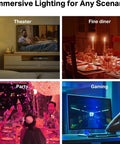 Smart RGBW A19 bulbs lighting scenes: cozy theater, fine dining setup, vibrant party, and gaming room ambiance.
