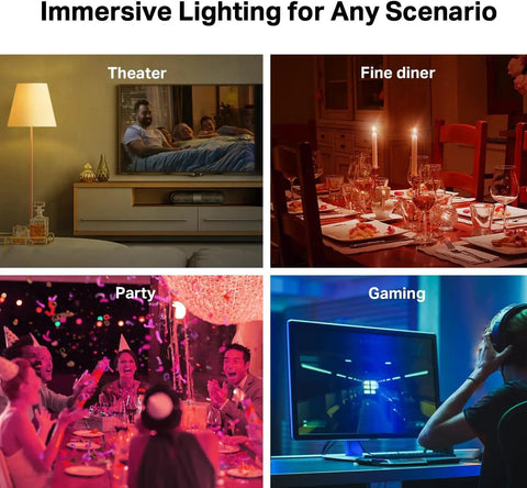 Smart RGBW A19 bulbs lighting scenes: cozy theater, fine dining setup, vibrant party, and gaming room ambiance.