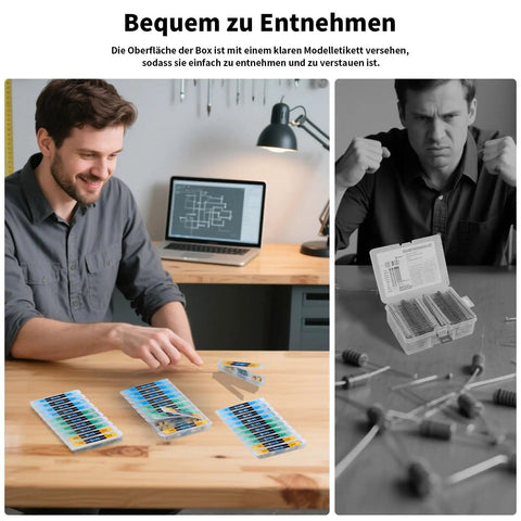 Man assembling circuit using Metal Film Resistor Kit With 600 Pieces 30 Values From 1 Ohm To 1 Megaohm 1 Percent Tolerance 0.5W.