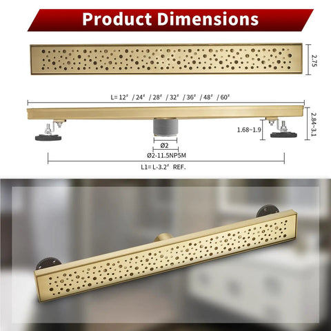 28 Inch Linear Shower Drain Gold Rectangular Channel With V Shape Design For Fast Drainage In Shower Rooms 304 Stainless Steel cUPC Certified Drain Base Not Included, top and side view with measurements