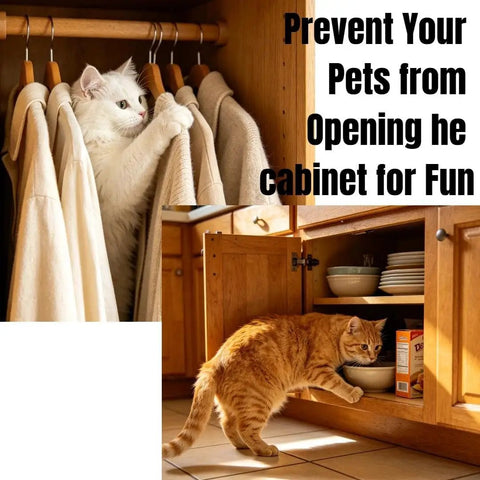 Cat opening a cabinet door with text 'Prevent Your Pets from Opening the cabinet for Fun'