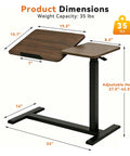 Solid Mobile Standing Desk With Pneumatic Lift And Tilt Top, Smooth Swivel Casters, Heavy Duty Steel Frame Walnut showing dimensions and weight capacity.