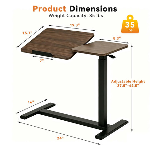 Solid Mobile Standing Desk With Pneumatic Lift And Tilt Top, Smooth Swivel Casters, Heavy Duty Steel Frame Walnut showing dimensions and weight capacity.
