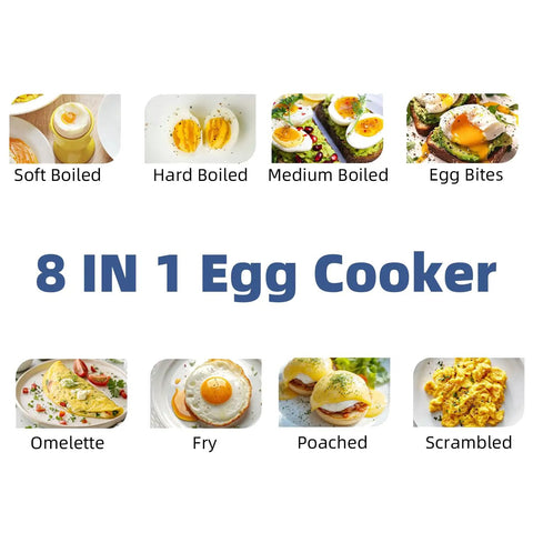 Image of 8 In 1 Electric Egg Cooker Rapid Egg Boiler For Hard Soft Poached Eggs Egg Bite Maker with different egg cooking options.