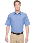 Top Shelf Men's Short Sleeve Server Shirt With Stain Release Finish And Front Snap Closure in Industry Blue, no pocket design.