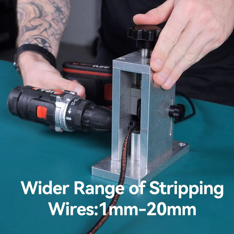 Beefy Drill Powered Wire Stripper For Recyclers, AWG 000 To 40 Range, in use with hand crank and drill drive option.