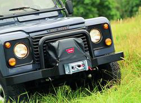 Soft Winch Cover With Elastic Bungee Cord Fasteners For 9 5Ti And XD9000i Winches on SUV bumper, black weatherproof.