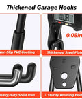 Close-up of 20 Pack Heavy Duty Garage Hooks Solid Steel Wall Mount Hangers with anti-slip coating and measurement details.