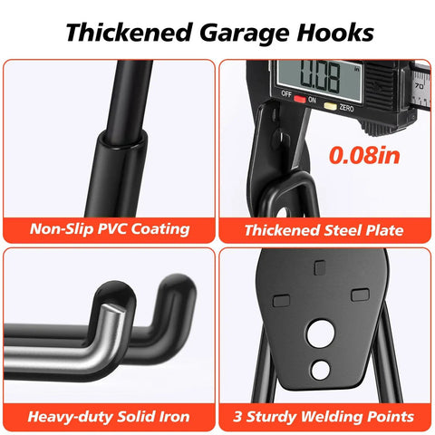 Close-up of 20 Pack Heavy Duty Garage Hooks Solid Steel Wall Mount Hangers with anti-slip coating and measurement details.