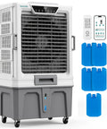 Heavy Duty Portable Evaporative Air Cooler With 12000 CFM Hella Badass Cooling For Large Indoor Outdoor Spaces Sweet Chill With 12 Hour Timer Smart App Remote Control and blue ice packs.
