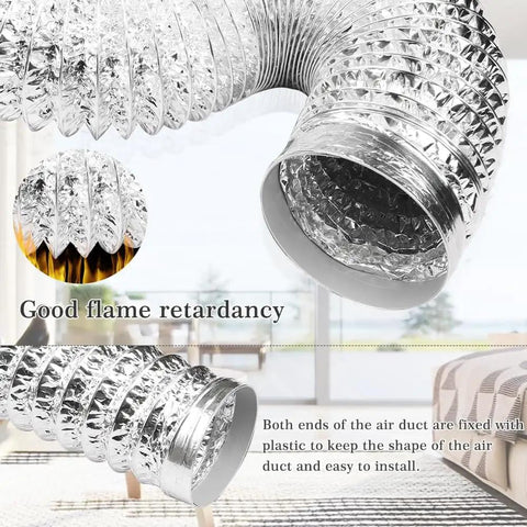 4 Inch 5ft Flexible Dryer Vent Hose Kit with Aluminum Insulated Ducting, shown with flame retardancy feature