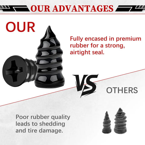 Close-up of premium rubber tire repair screw from Top Shelf 60 Piece Tire Repair Screws Kit for airtight seal comparison.