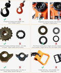 Amarite chain hoist lever hoist, orange; six-panel collage highlighting forged hook, ratchet, pawl, friction discs, and tail ring.