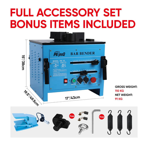 Peresq Rb-25 Portable Electric Hydraulic Rebar Bender 1700W Machine displayed with accessory set and specifications.