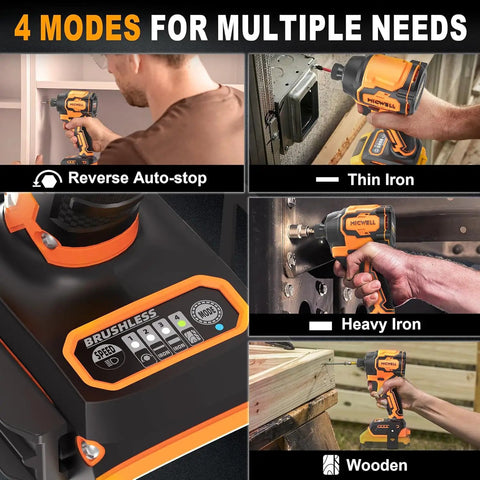 Cordless Impact Driver Tool Only With A Beast Brushless Motor 2300 Inch Pounds Torque Four Speed Settings in use on wood and metal surfaces.