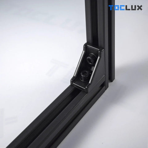 Heavy Duty Black Anodized 2020 Aluminum Extrusion Connector Kit With 40 Pro Grade Corner Brackets M5 Sliding T Nuts And Hex Screws close-up of corner bracket attachment