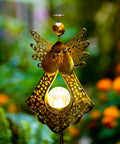 Angel Stake Solar Lights With Crackle Glass Globe Waterproof Warm White LEDs, 40.5 Inch Metal Bronze Garden Stake at dusk