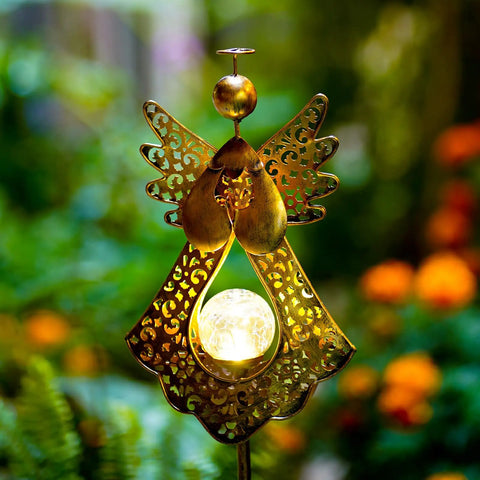 Angel Stake Solar Lights With Crackle Glass Globe Waterproof Warm White LEDs, 40.5 Inch Metal Bronze Garden Stake at dusk