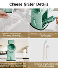 Rotary Cheese Grater Hand Crank 5 In 1 Mandoline Slicer details showing blade storage, suction base, and cleaning brush.