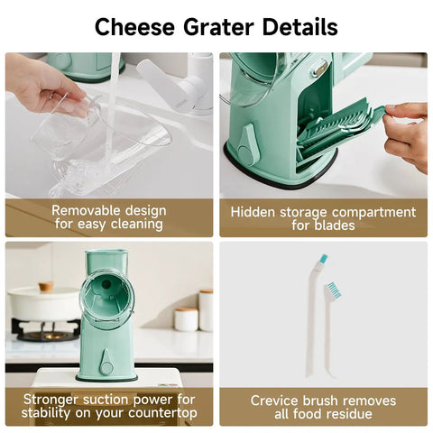 Rotary Cheese Grater Hand Crank 5 In 1 Mandoline Slicer details showing blade storage, suction base, and cleaning brush.