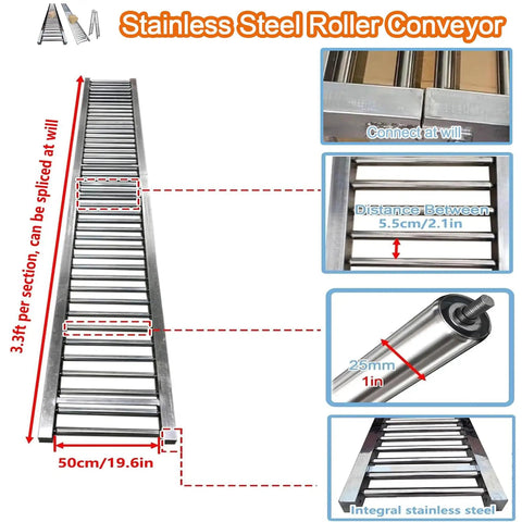 Heavy Duty Unpowered Roller Conveyor Slide For Warehouse Unloading 33 Ft Long 20 Inch Wide Industrial Grade Equipment showing stainless steel design with sections.