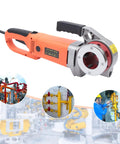 Job Ready Electric Pipe Threader Kit Featuring A Beefy 2300W Motor, sleek handheld design with red and silver detailing.