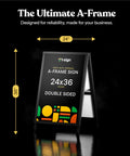 Outdoor A Frame Sidewalk Sign 24 By 36 Inch Double Sided Black Coated Steel Weatherproof Heavy Duty Frame shown with dimensions